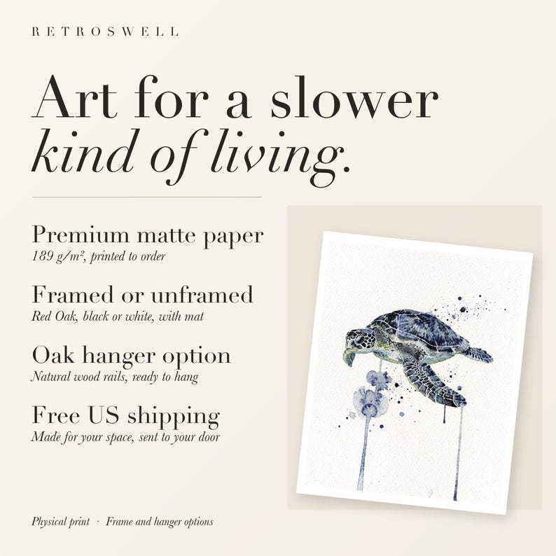 RetroSwell print details for Sea Turtle Watercolor: premium 189 g/m² matte paper, framed or unframed, oak hanger option, free US shipping.