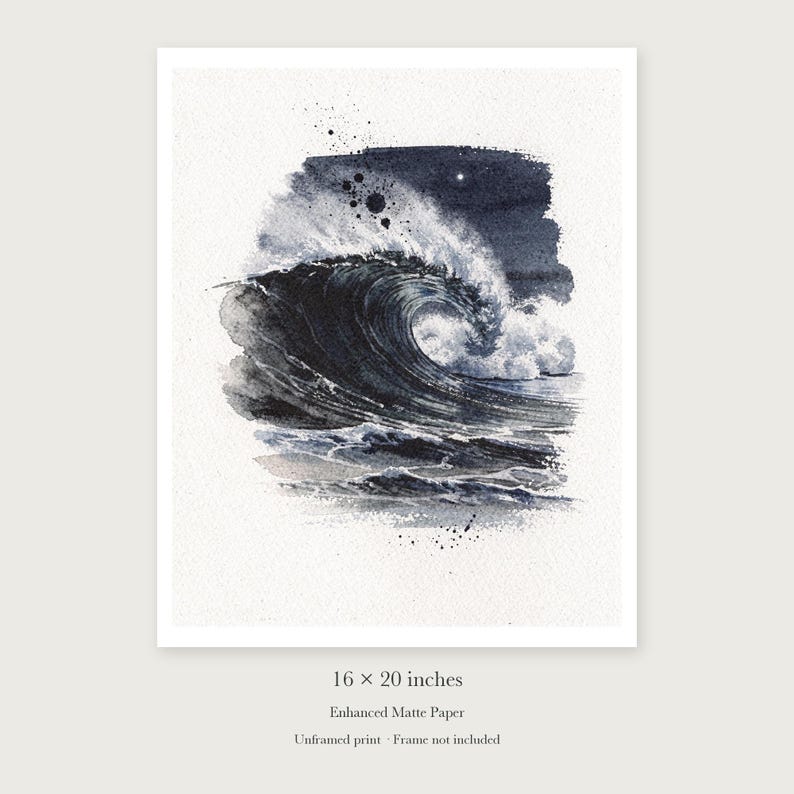 Moonlit Wave Watercolor unframed 16 by 20 inch print on enhanced matte paper, shown with its white paper border.