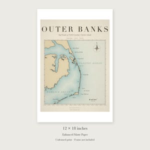 Outer Banks Surf Map unframed 12 by 18 inch print on enhanced matte paper, shown with its white paper border.