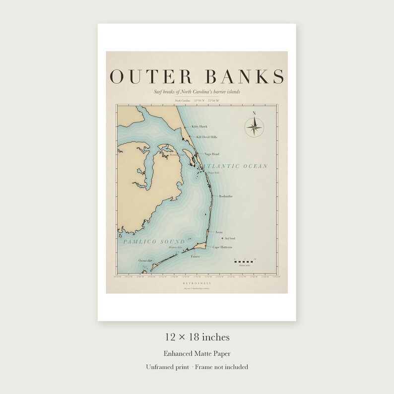 Outer Banks Surf Map unframed 12 by 18 inch print on enhanced matte paper, shown with its white paper border.