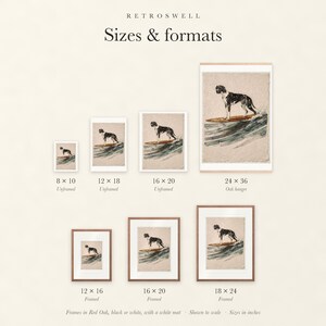 Sizes and formats for Great Dane Surfing, shown to scale: unframed prints, oak hanger and framed prints.
