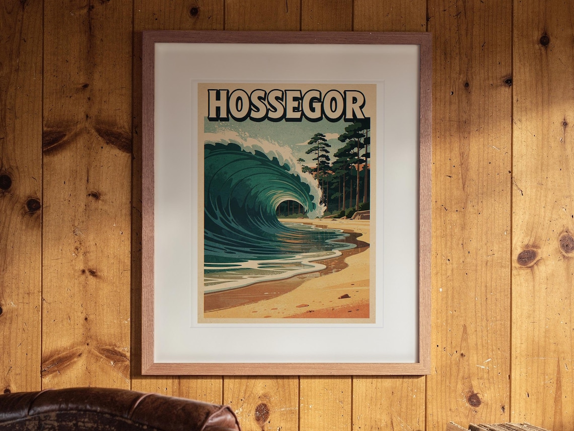 Hossegor Surf Travel Poster print in a Red Oak frame with a white mat, hanging on the paneling in a 1960s den.