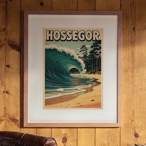 Hossegor Surf Travel Poster print in a Red Oak frame with a white mat, hanging on the paneling in a 1960s den.