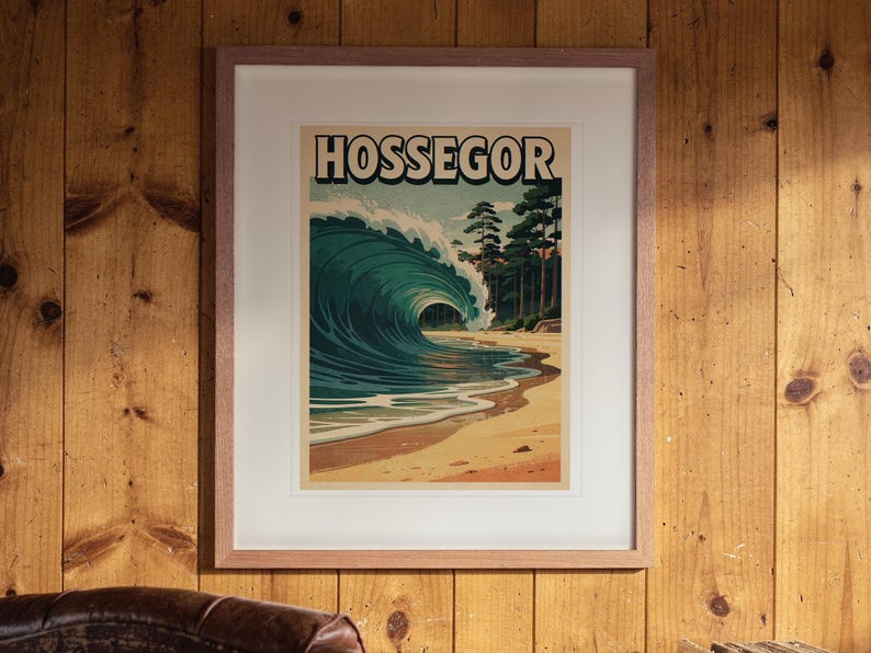 Hossegor Surf Travel Poster print in a Red Oak frame with a white mat, hanging on the paneling in a 1960s den.