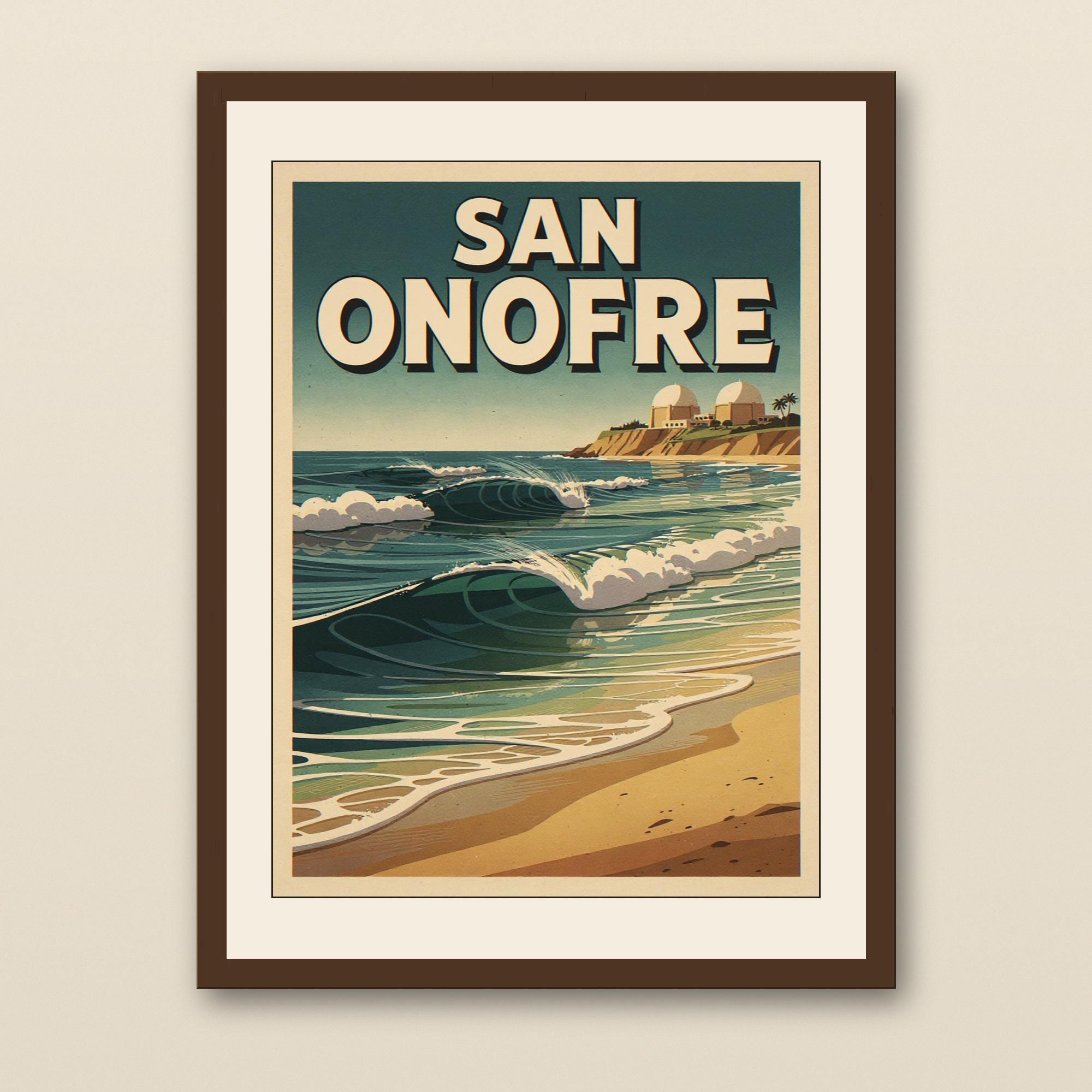 San Onofre Surf Poster - walnut framed art print with cream mat on plaster wall