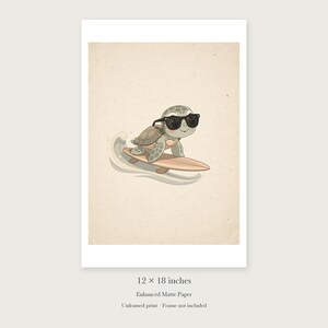 Surfing Sea Turtle unframed 12 by 18 inch print on enhanced matte paper, shown with its white paper border.