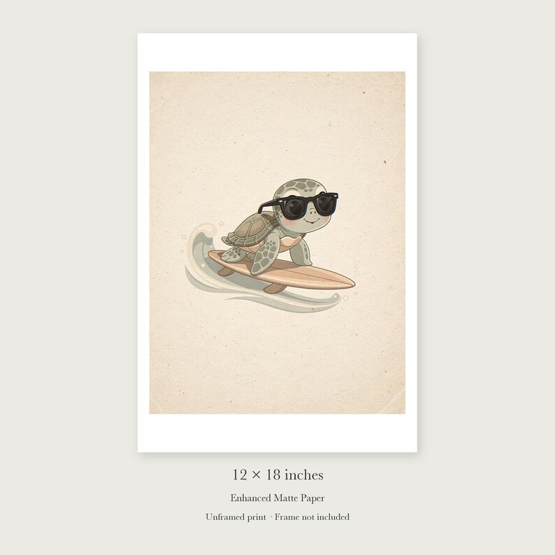 Surfing Sea Turtle unframed 12 by 18 inch print on enhanced matte paper, shown with its white paper border.