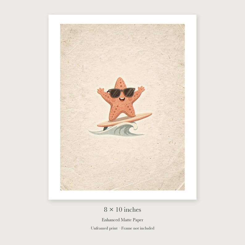 Surfing Starfish unframed 8 by 10 inch print on enhanced matte paper, shown with its white paper border.