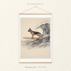 German Shepherd Surfing oak hanger poster, 24 by 36 inches, with natural wood rails and a hanging cord.
