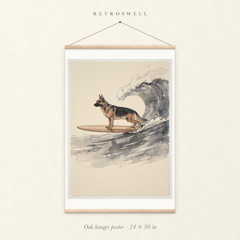 German Shepherd Surfing oak hanger poster, 24 by 36 inches, with natural wood rails and a hanging cord.