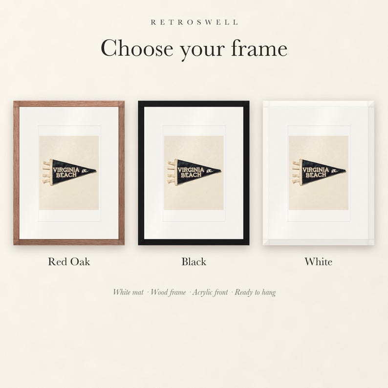 Frame options for Virginia Beach Surf Pennant: Red Oak, black and white wood frames, each with a white mat.