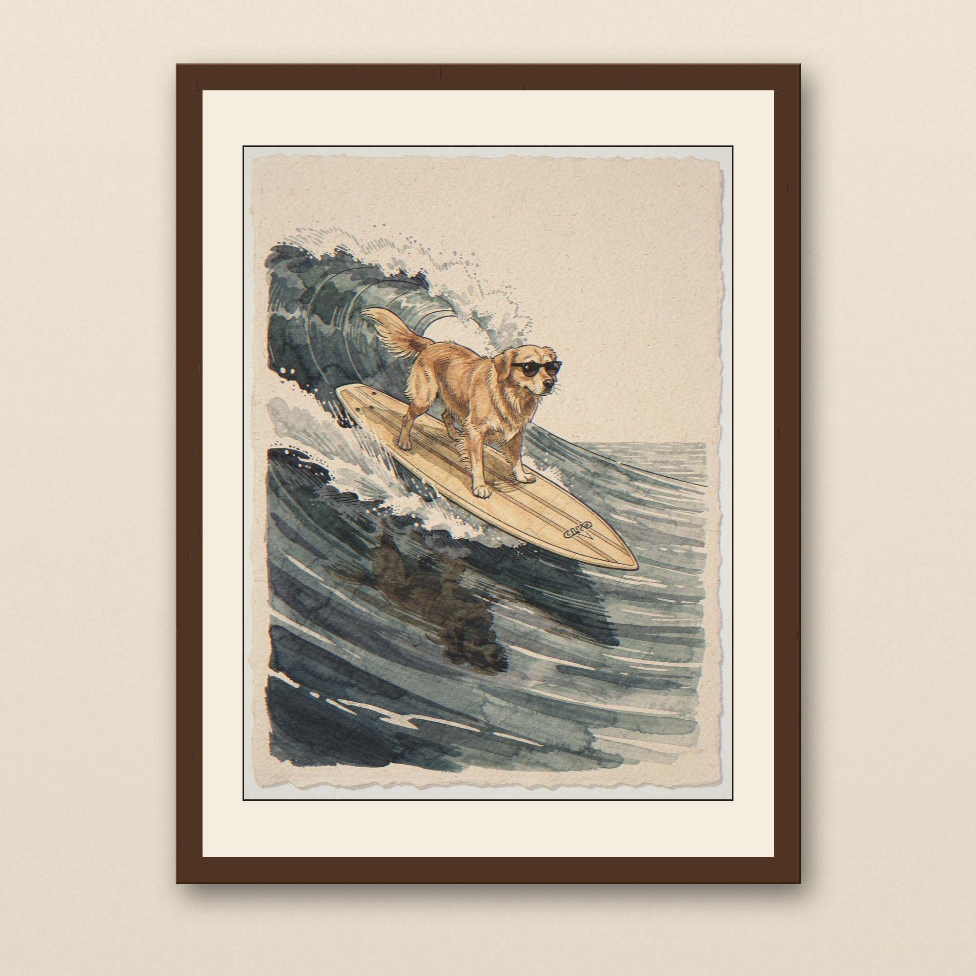 Golden Retriever Surfing Print - walnut framed art print with cream mat on plaster wall