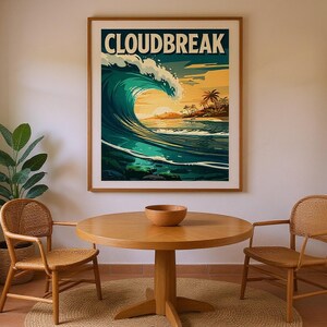 Cloudbreak Fiji Surf Poster framed in a coastal dining room setting