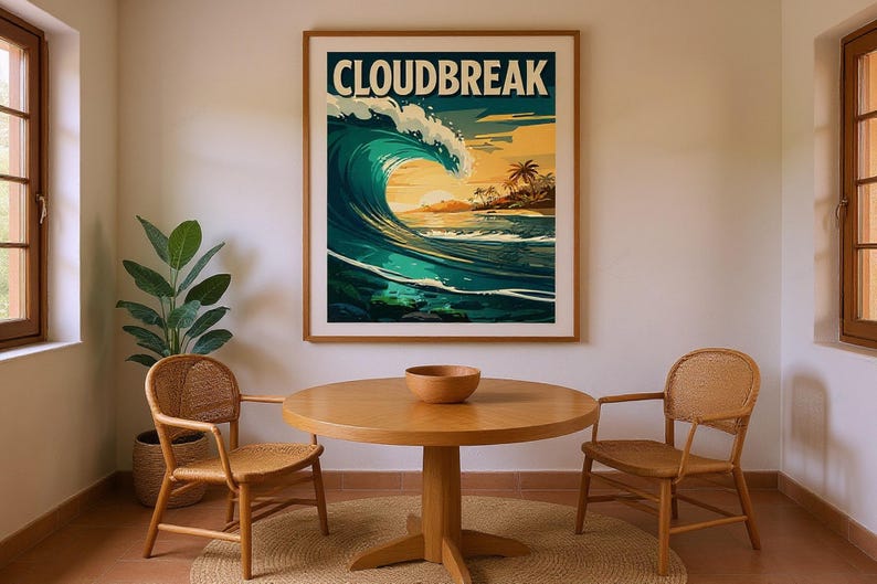 Cloudbreak Fiji Surf Poster framed in a coastal dining room setting