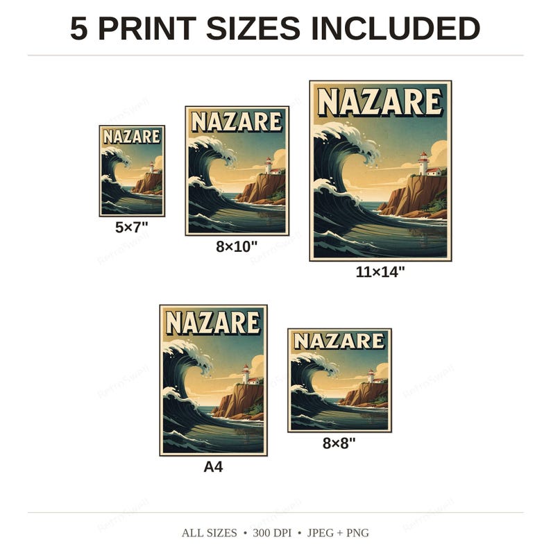 Nazare Portugal Surf Poster - available print sizes: 5x7, 8x10, 11x14, A4, and square