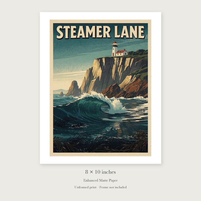 Steamer Lane Surf unframed 8 by 10 inch print on enhanced matte paper, shown with its white paper border.