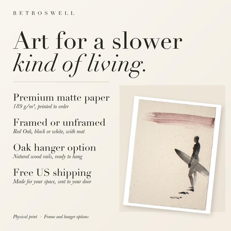 RetroSwell print details for Surfer Ink Style: premium 189 g/m² matte paper, framed or unframed, oak hanger option, free US shipping.