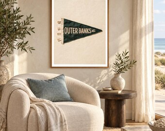 Outer Banks, North Carolina Surf Pennant Print | Vintage Felt Pennant Art | Beach House Decor | Retro Surf Wall Art | Printable Digital Down