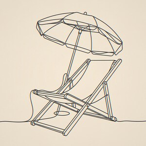 Beach chair and umbrella unframed printed artwork and full composition with its paper border.