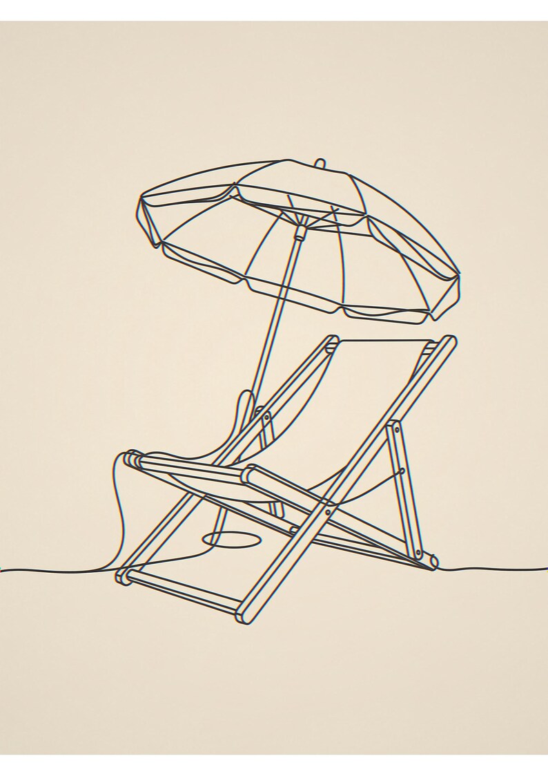 Beach chair and umbrella unframed printed artwork and full composition with its paper border.