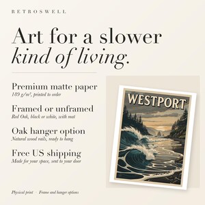 RetroSwell print details for Westport Surf: premium 189 g/m² matte paper, framed or unframed, oak hanger option, free US shipping.