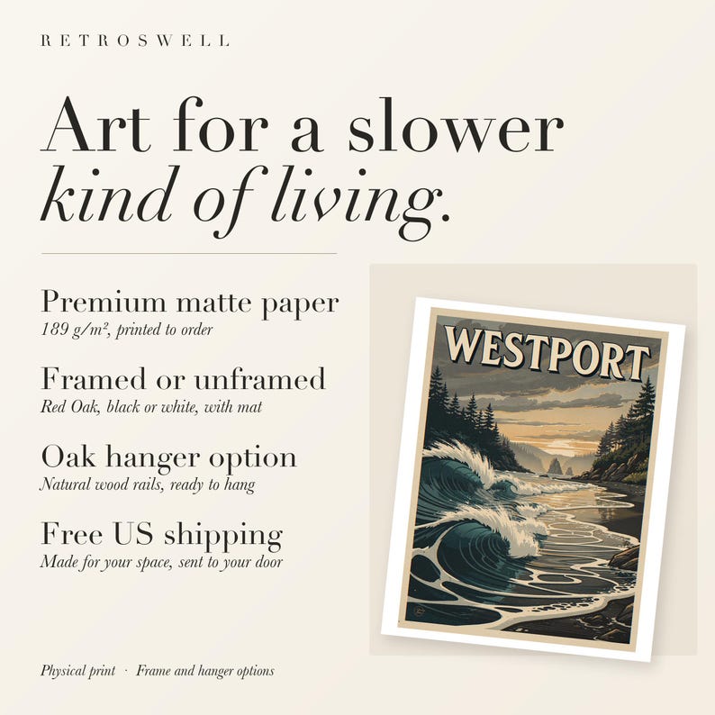 RetroSwell print details for Westport Surf: premium 189 g/m² matte paper, framed or unframed, oak hanger option, free US shipping.