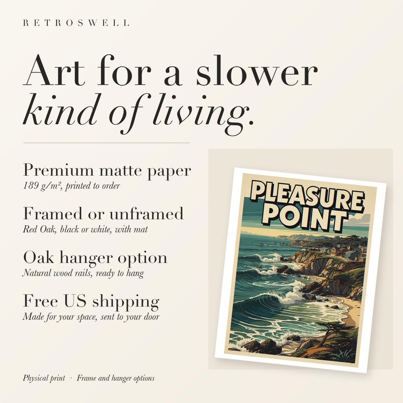 RetroSwell print details for Pleasure Point Surf: premium 189 g/m² matte paper, framed or unframed, oak hanger option, free US shipping.