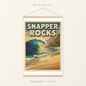 Snapper Rocks Surf oak hanger poster, 24 by 36 inches, with natural wood rails and a hanging cord.