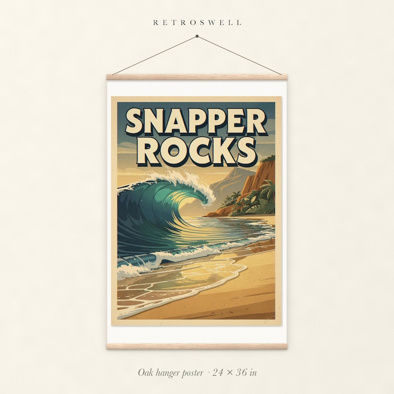 Snapper Rocks Surf oak hanger poster, 24 by 36 inches, with natural wood rails and a hanging cord.