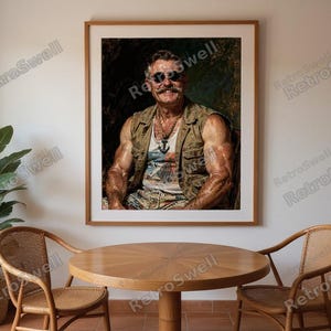 Teddy Roosevelt Surfer Oil Painting Print framed in a coastal dining room setting