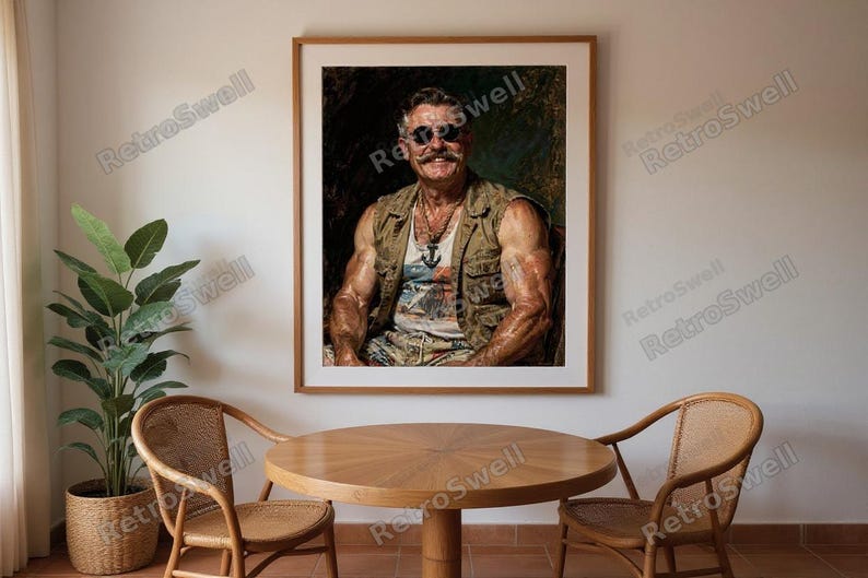 Teddy Roosevelt Surfer Oil Painting Print framed in a coastal dining room setting