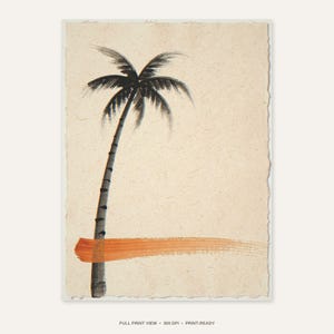 Sumi-e Lone Palm with Sunset Accent Print - full unframed print view, 300 DPI print-ready quality