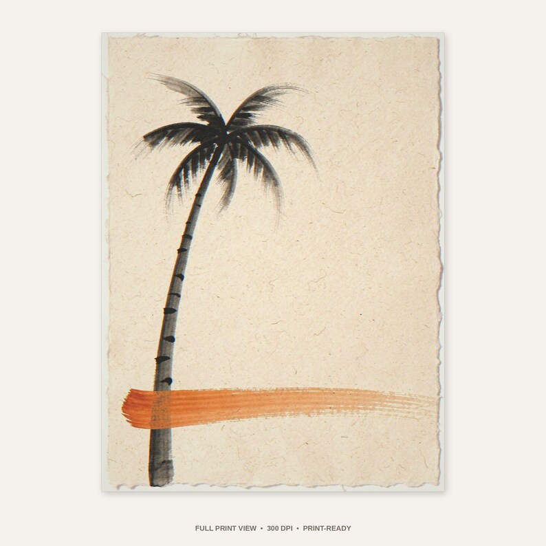 Sumi-e Lone Palm with Sunset Accent Print - full unframed print view, 300 DPI print-ready quality