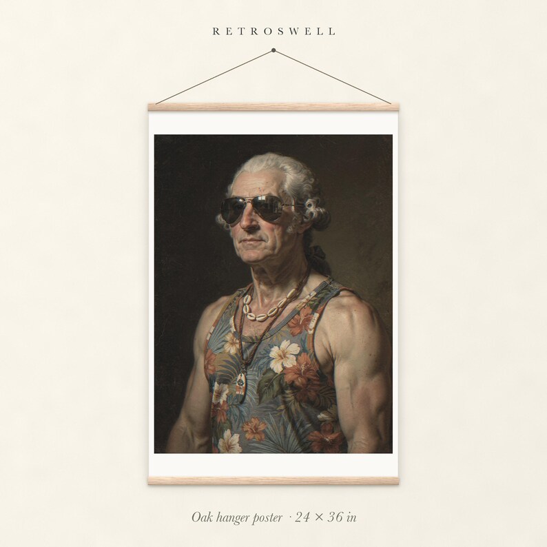George Washington oak hanger poster, 24 by 36 inches, with natural wood rails and a hanging cord.