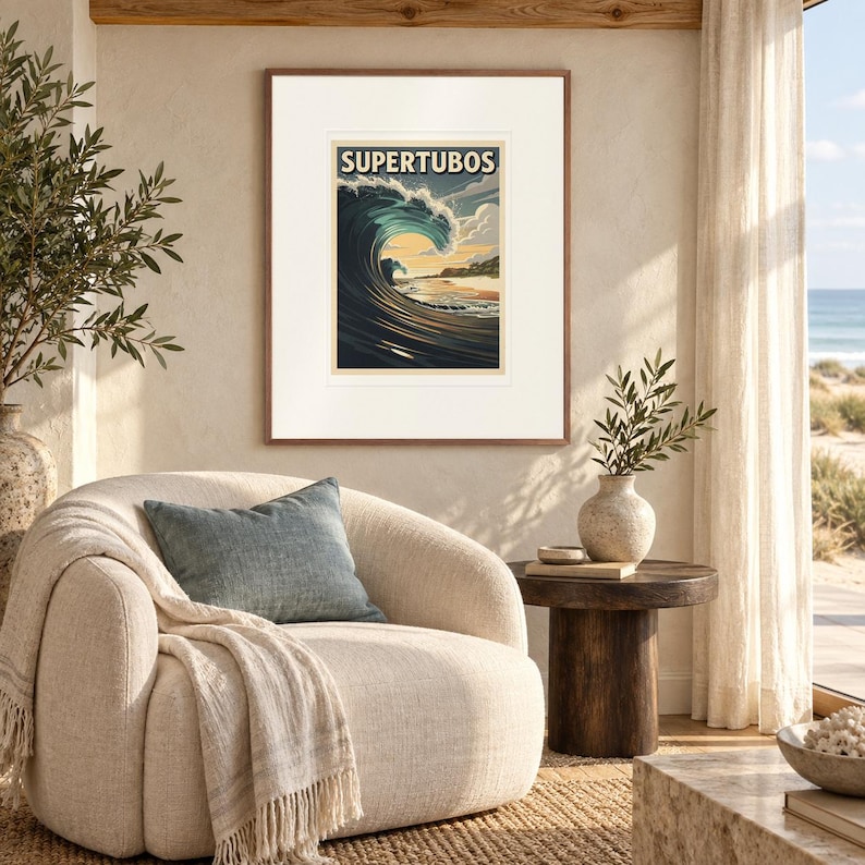 Supertubos Surf print in a Red Oak frame with a white mat in a light-filled coastal sitting room.