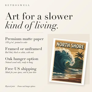 RetroSwell print details for North Shore Surf: premium 189 g/m² matte paper, framed or unframed, oak hanger option, free US shipping.