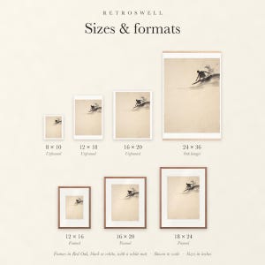 Sizes and formats for Surfer Cutback Ink Style, shown to scale: unframed prints, oak hanger and framed prints.