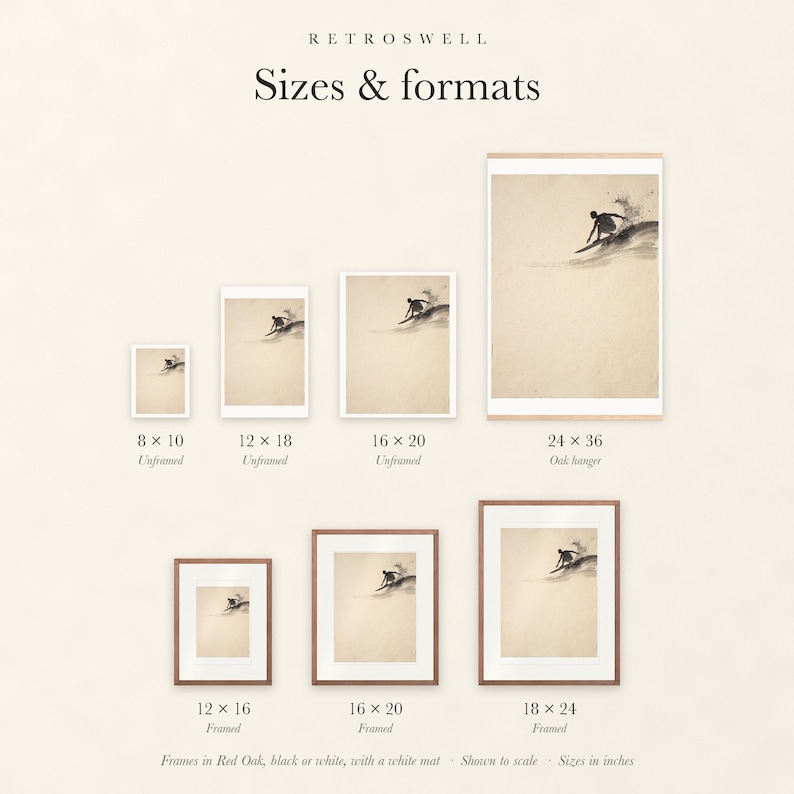 Sizes and formats for Surfer Cutback Ink Style, shown to scale: unframed prints, oak hanger and framed prints.
