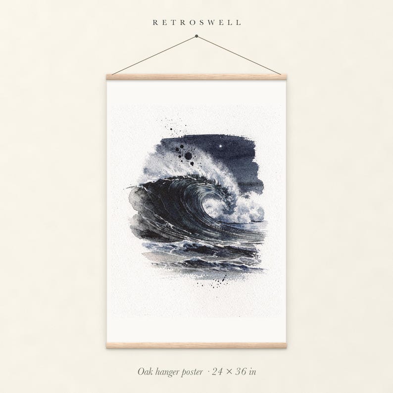 Moonlit Wave Watercolor oak hanger poster, 24 by 36 inches, with natural wood rails and a hanging cord.