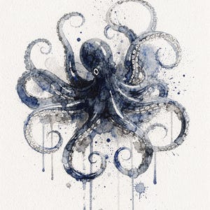 Octopus Watercolor Print, Indigo Sea Life Painting, Coastal Wall Art, Nautical Bathroom Decor, Printable Wall Art Digital Download image 2