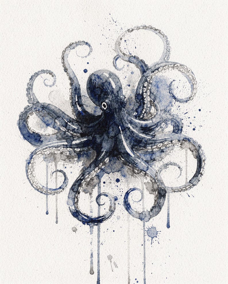 Octopus Watercolor Print, Indigo Sea Life Painting, Coastal Wall Art, Nautical Bathroom Decor, Printable Wall Art Digital Download image 2