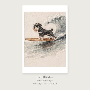Miniature Schnauzer Surfing unframed 12 by 18 inch print on enhanced matte paper, shown with its white paper border.