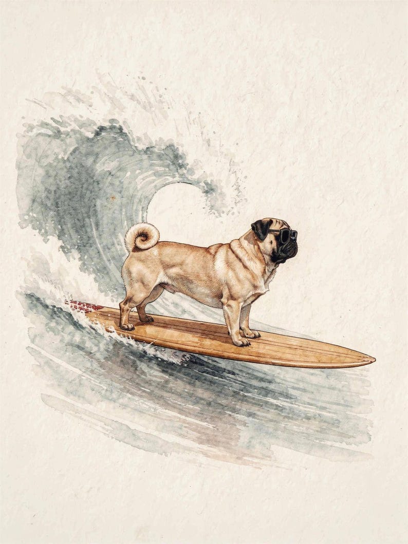 Pug Surfing Art Print