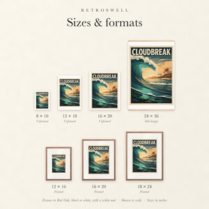 Sizes and formats for Cloudbreak Surf, shown to scale: unframed prints, oak hanger and framed prints.