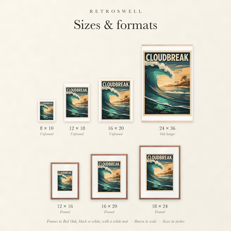 Sizes and formats for Cloudbreak Surf, shown to scale: unframed prints, oak hanger and framed prints.