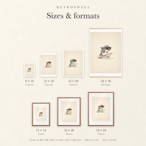 Sizes and formats for Dolphin Surfing, shown to scale: unframed prints, oak hanger and framed prints.