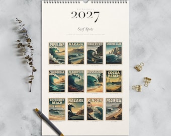 May include: A 2027 wall calendar titled Surf Spots featuring twelve vintage-style illustrations of famous surfing locations including Pipeline, Makaha, Mavericks, Steamer Lane, Cloudbreak, Teahupo'o, Hossegor, Cocoa Beach, Rockaway Beach, Nazare, Rincon, and Pacifica.
