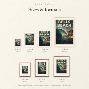 Sizes and formats for Bells Beach Australia Surf, shown to scale: unframed prints, oak hanger and framed prints.