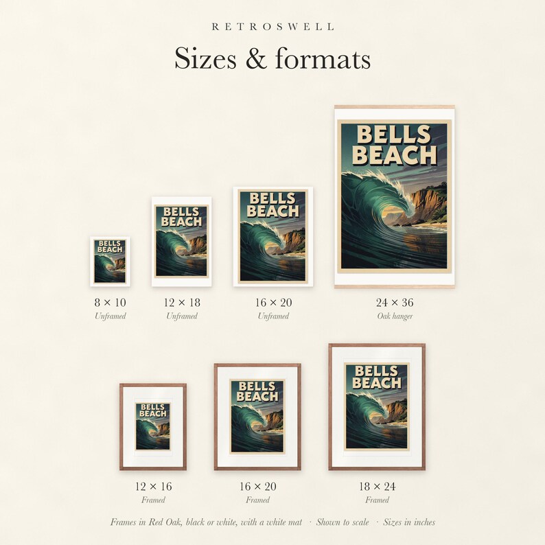 Sizes and formats for Bells Beach Australia Surf, shown to scale: unframed prints, oak hanger and framed prints.