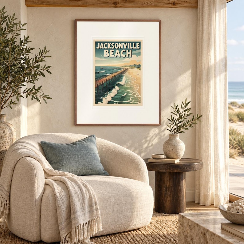 Jacksonville Beach Surf print in a Red Oak frame with a white mat in a light-filled coastal sitting room.